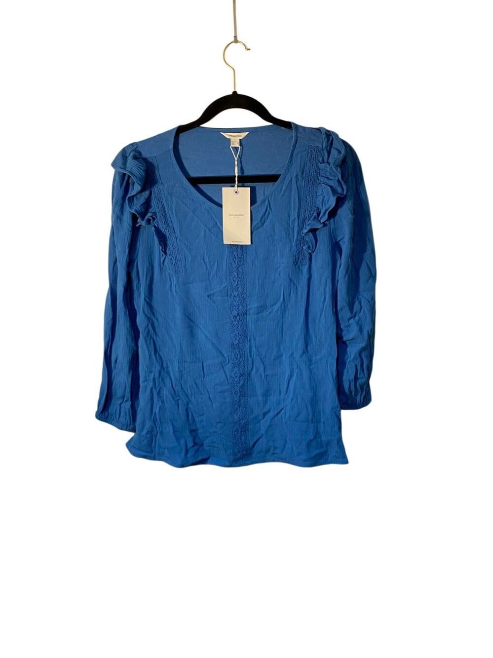 NWT Springfield, blue BoHo lace trim, long sleeve blouse 6